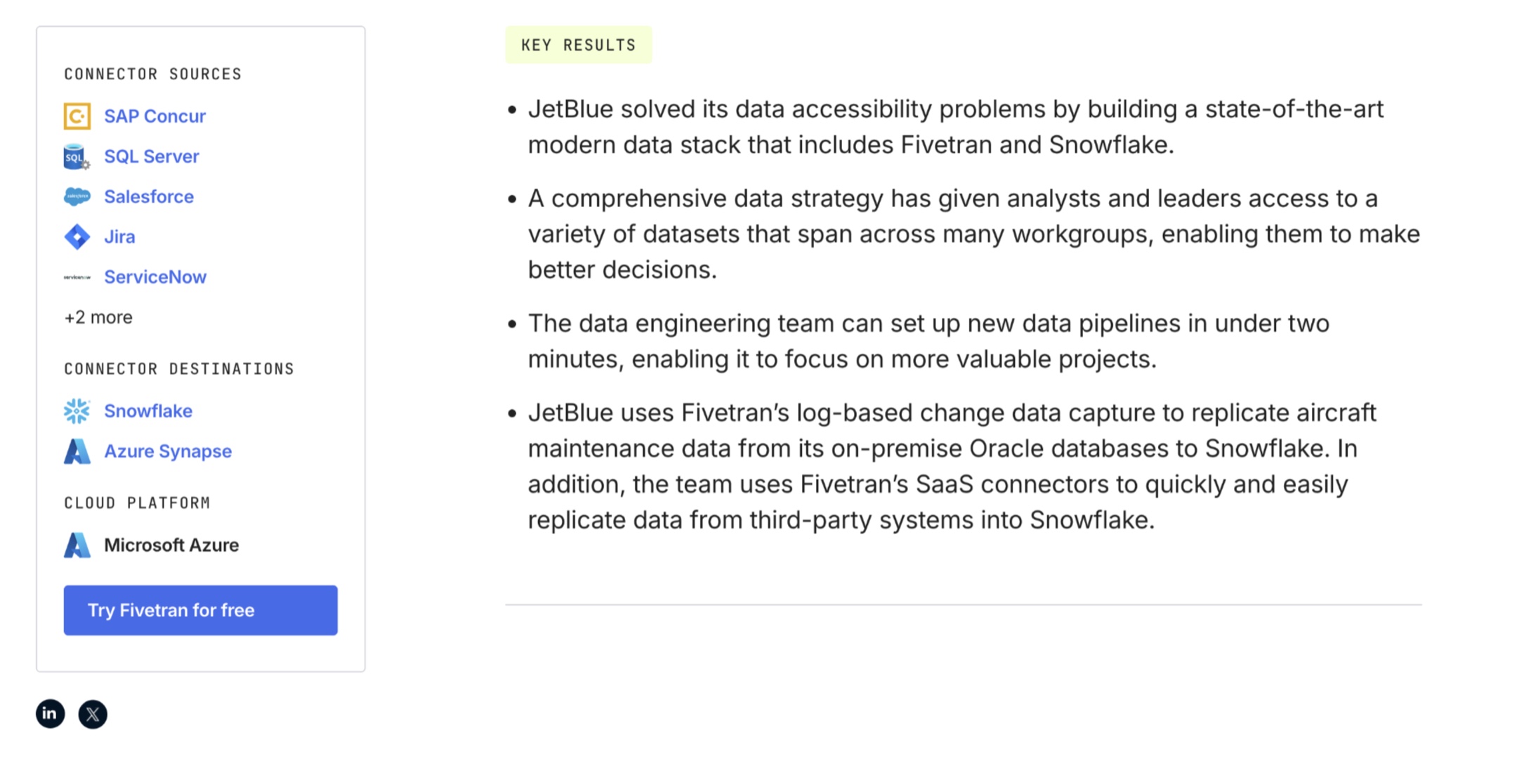 The right-rail sidebar from JetBlue's case study page on fivetran.com — listing connector sources (SAP Concur, SQL Server, Salesforce, Jira, ServiceNow), destinations (Snowflake, Azure Synapse), and cloud platform (Microsoft Azure), alongside the Key Results section.
