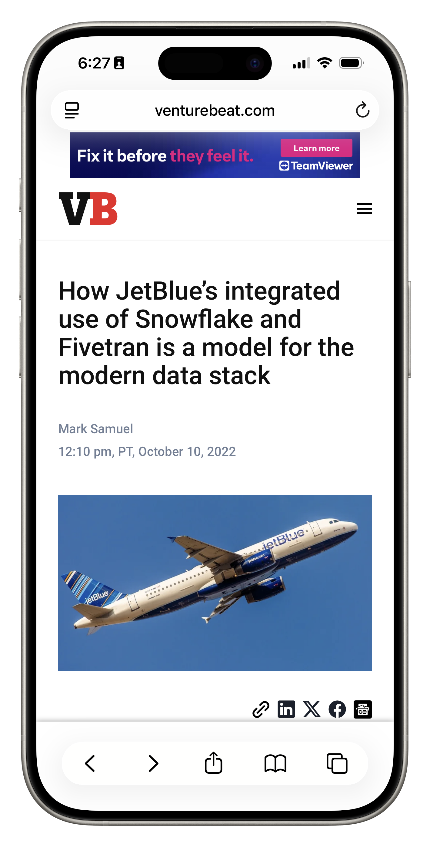 VentureBeat article rendered on an iPhone — 'How JetBlue's integrated use of Snowflake and Fivetran is a model for the modern data stack' by Mark Samuel, October 10, 2022.